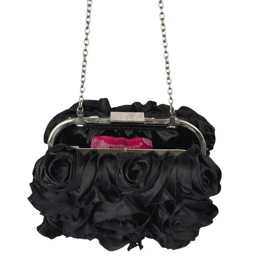 Expressions NYC‎ Black Rose Satin Evening Bag Party Clutch Chain Strap